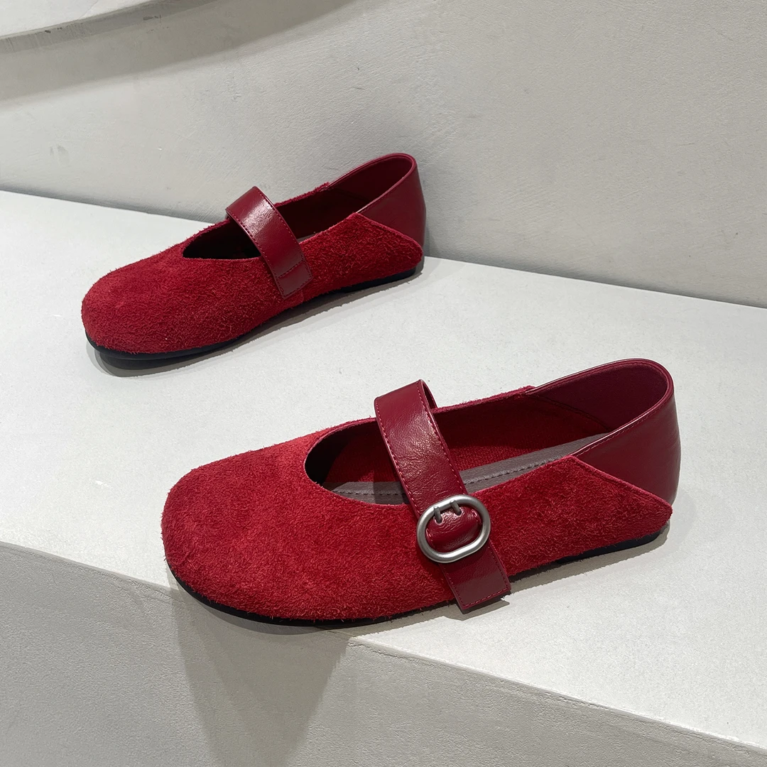 2025新款复古红色磨砂皮单鞋女配裙子浅口玛丽珍鞋平底舒服奶奶鞋