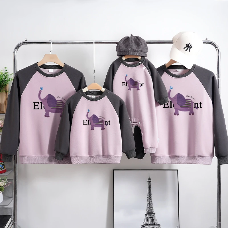 炸街大象亲子装一家三口四口新款母女装秋冬涂鸦亲子卫衣婴儿连体