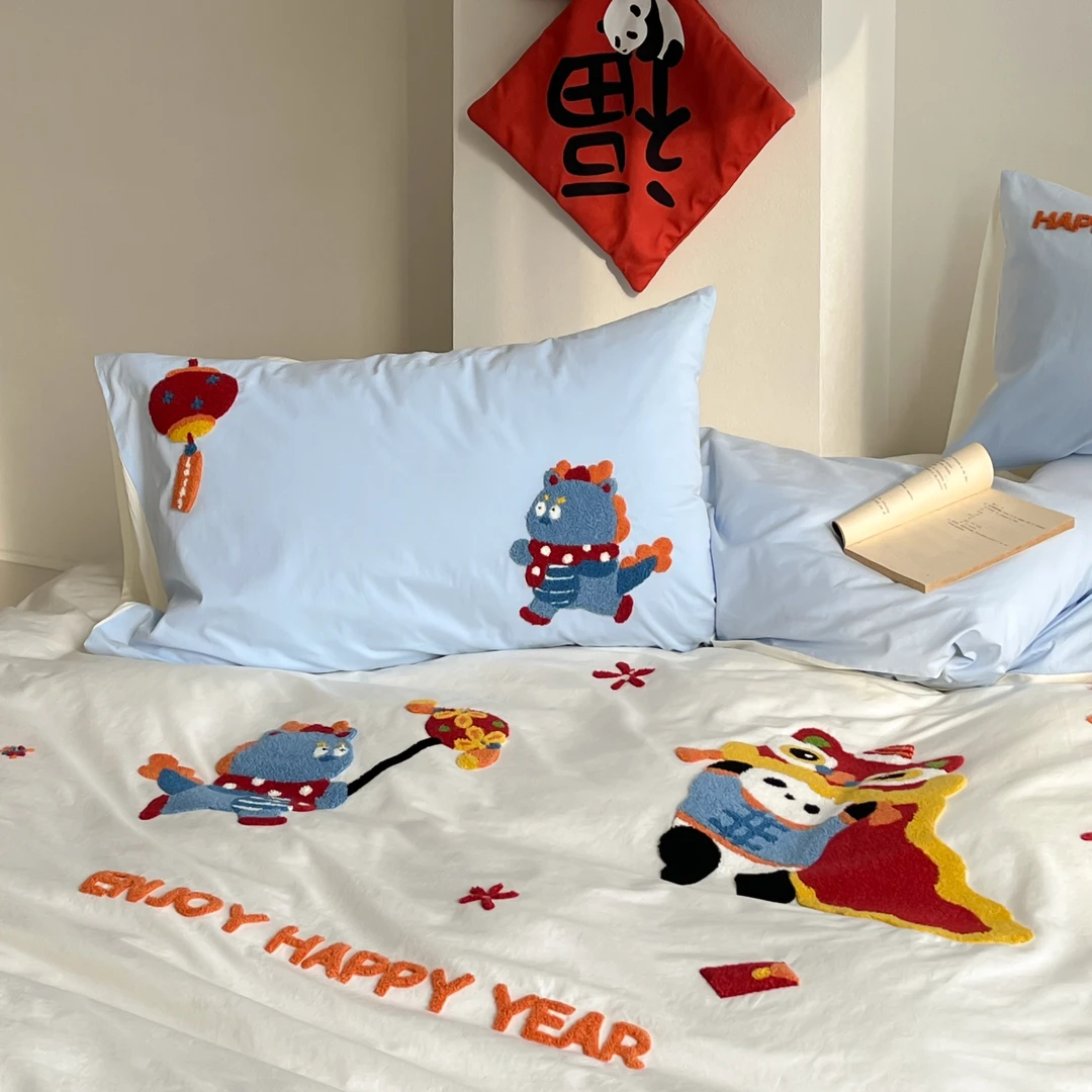 麒麟祥瑞 原创纯棉水洗棉毛巾绣四季款套件柔软舒适裸睡床品套件