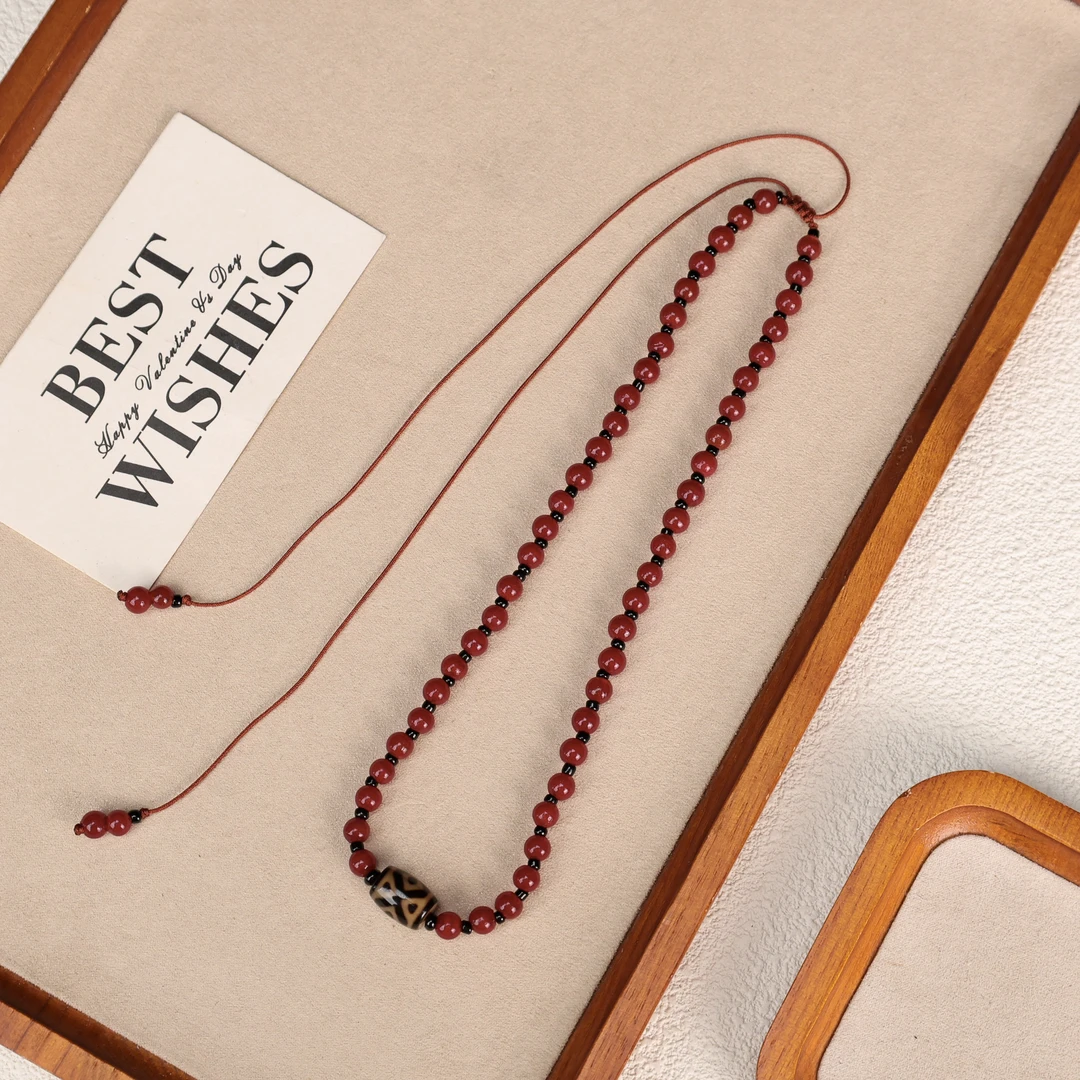 天然玛瑙台湾珠爆油红色怀业玛瑙单颗珠绳编项链LZ4869