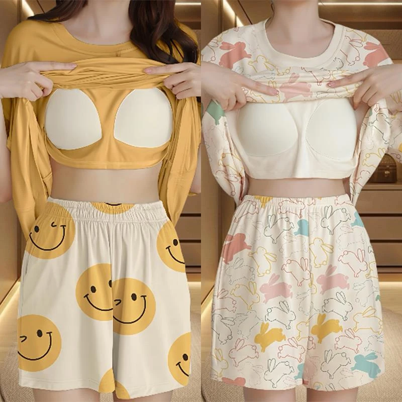 买一送一2025新款爆款自带胸垫睡衣女夏季舒适甜美宽松家居服套装