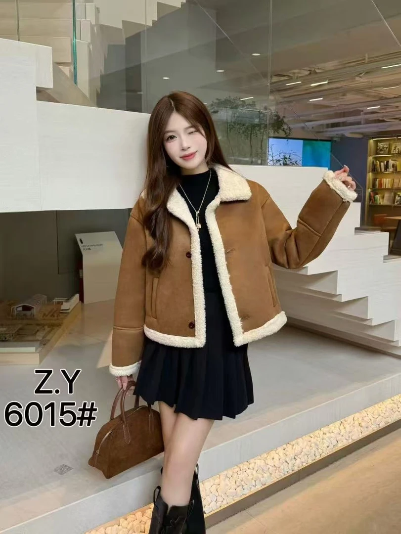纯色短款美拉德风女宽松型加绒外套6015