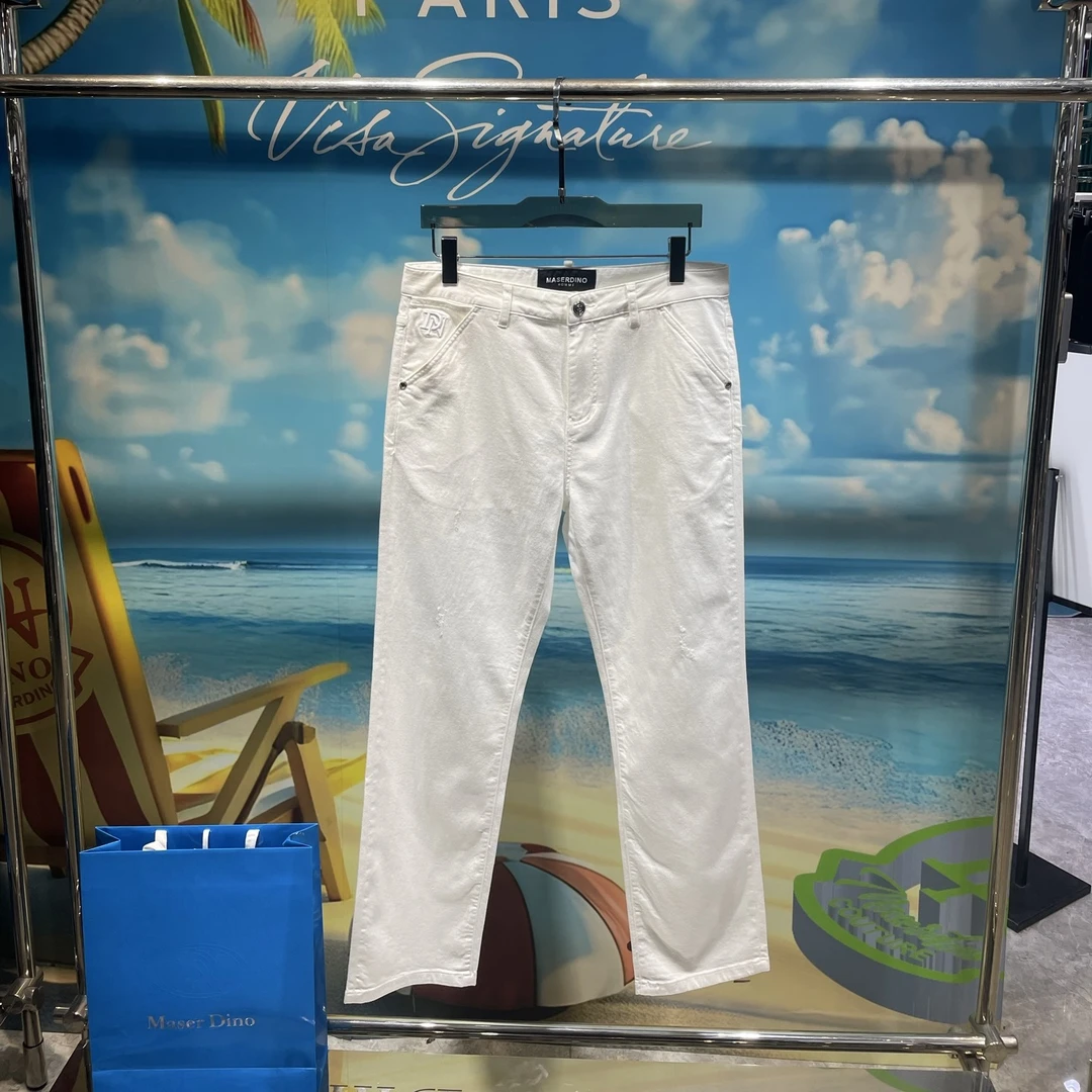 男士夏季设计师白色休闲百搭柔软舒适直筒牛仔裤