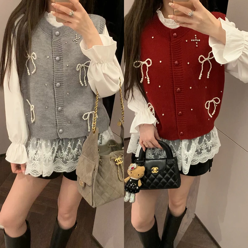 【mimius】&七七 蝴蝶结钉珠马甲+花边衬衫 汉服()F12312