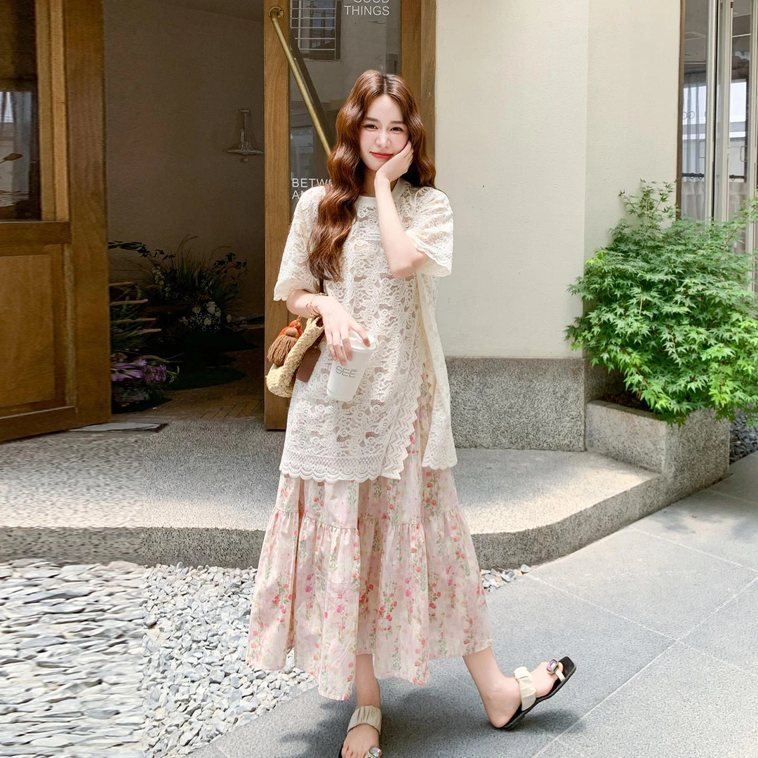 法式巨好看蕾丝刺绣T恤套装裙女2025夏甜美减龄碎花半身裙两件套