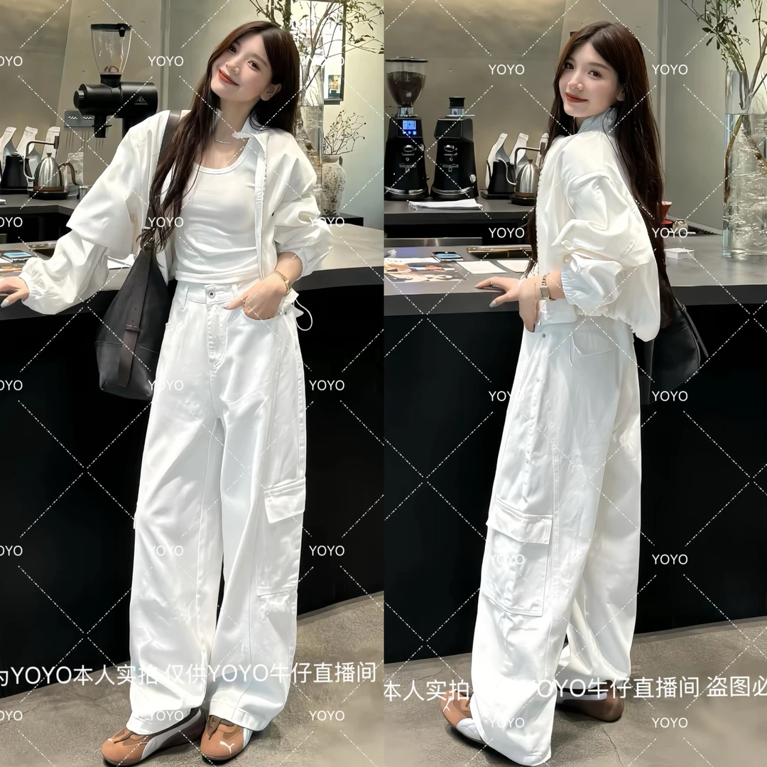 YOYO自制【显瘦工装裤】早秋直筒百搭小众复古水洗牛仔阔腿拖地裤