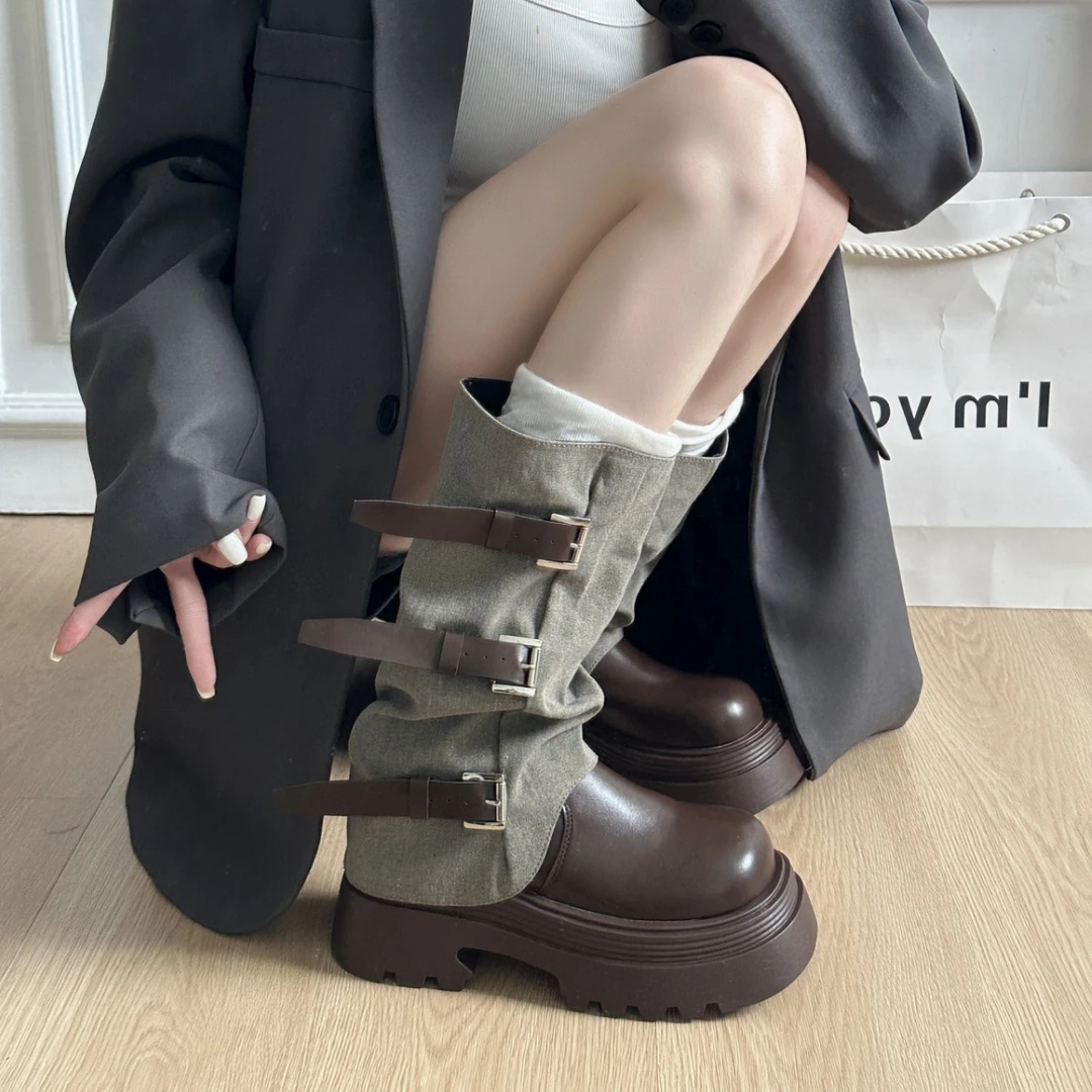 棕色复古帅气短靴女2025年秋季新款超火小个子厚底粗跟炸街裤管靴