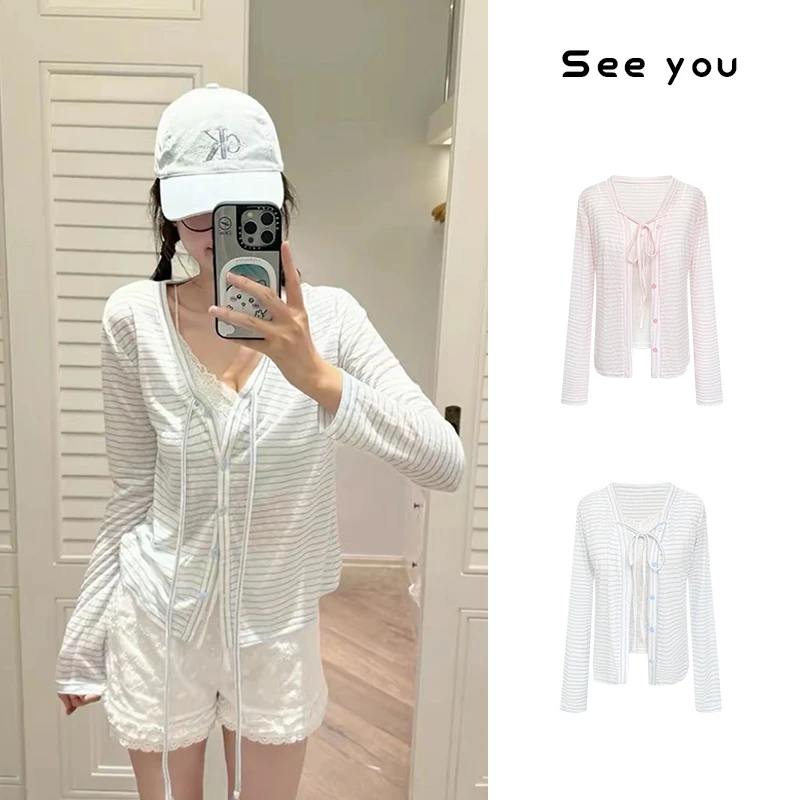 夏季连帽薄款条纹v领开衫外套+内搭纯欲吊带上衣A1035+A1036
