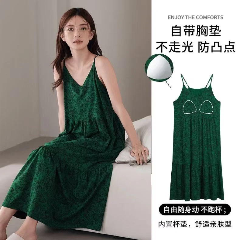 墨绿色睡裙吊带带胸垫女大码2025爆款佩斯利花纹凉感睡衣家居服