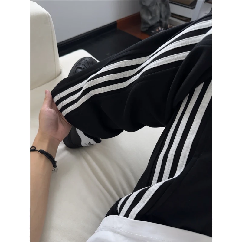 美式三道杠条纹卫裤直筒宽松潮牌裤子oversize高级感休闲运动长裤