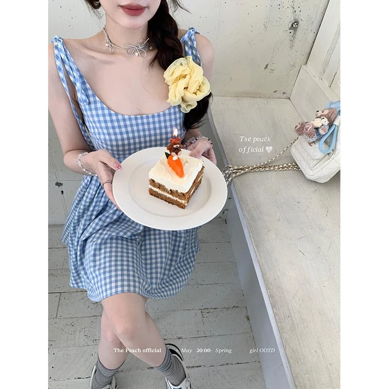 法式夏季玛格丽特少女格子吊带裙jk背心裙收腰连衣裙甜美绑带学院