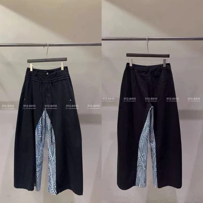 R13正版早秋新款 拼接款阔腿黑色休闲裤女