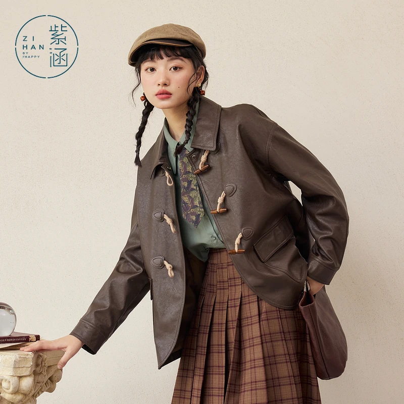 紫涵复古落肩袖皮衣女仿皮上衣文艺港风牛角扣外套Z4Z0JDS107