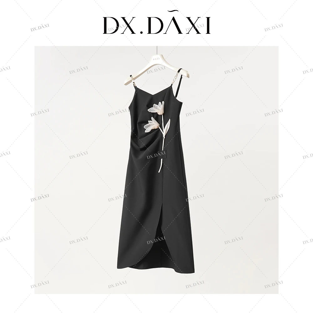 DXDAXI【绝迹花名】显瘦气质立体花朵黑色背心裙百搭吊带夏季中长裙
