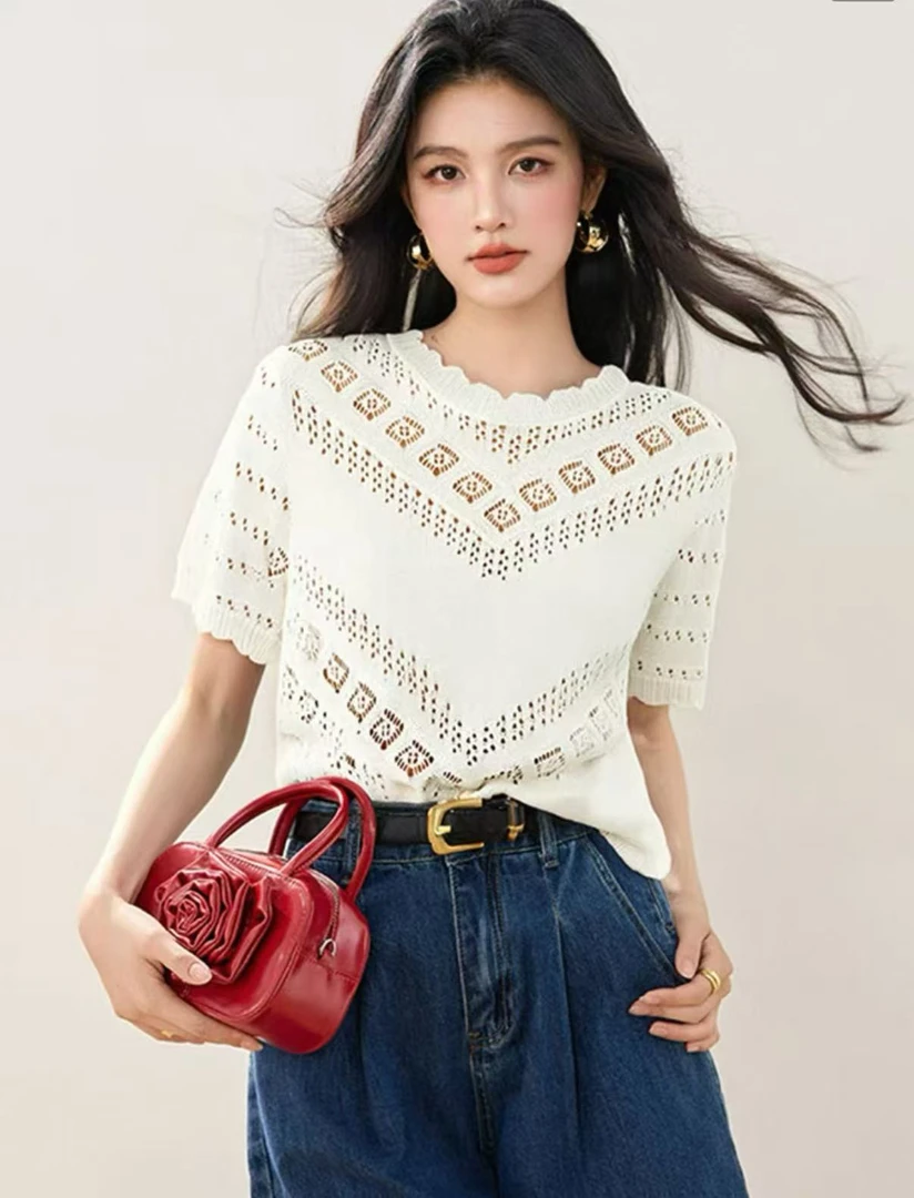 韩系甜美夏季钩花镂空针织衫短袖t恤女百搭圆领薄款上衣1416