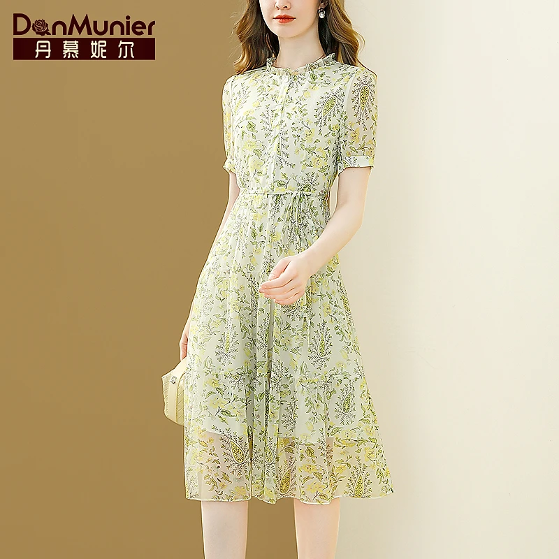 丹慕妮尔法式优雅碎花雪纺连衣裙女2025夏季新款气质收腰a字裙子
