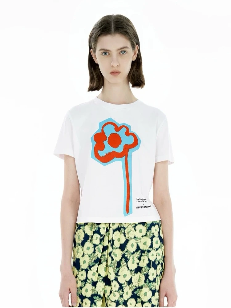杰瑞【油画花卉】百搭艺术花卉系列印花圆领截短T恤休闲上衣