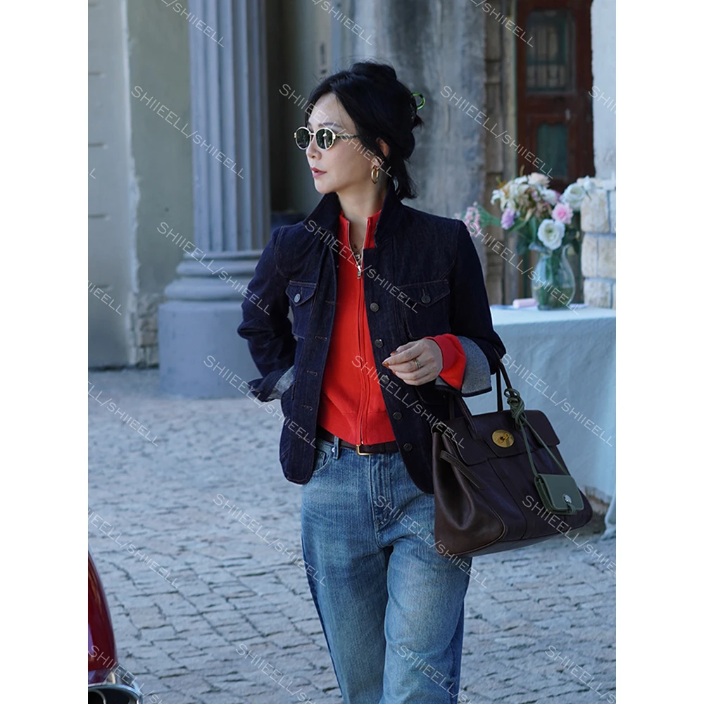 SHIIEELL【复古腔调原牛】老钱风棉质水洗蓝牛正肩多口袋外套W6027