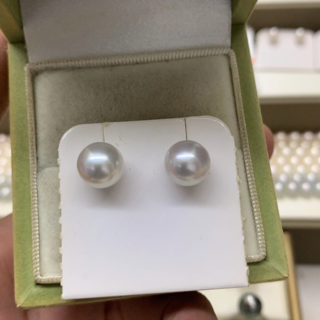 银S925镶嵌耳饰海水珍珠9-10澳白素钉