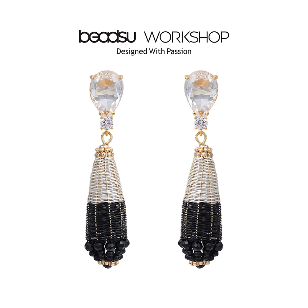 铜合金锆石耳饰 beadsu workshop 织艺录 编织长水滴耳环 耳针款