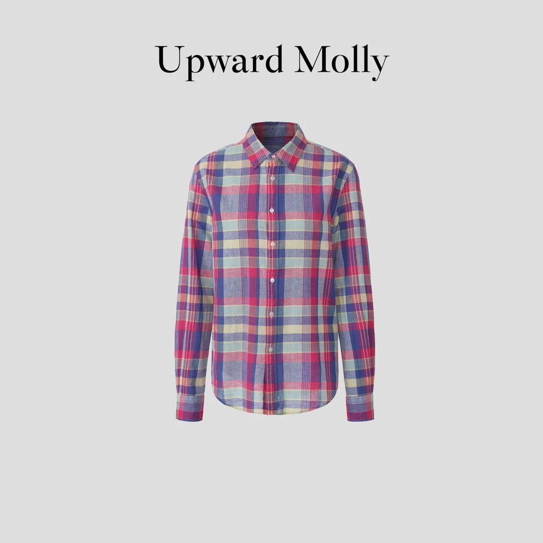 Upward Molly【雅致格调】棉麻混纺老钱风撞色格纹正肩翻领百搭衬衫