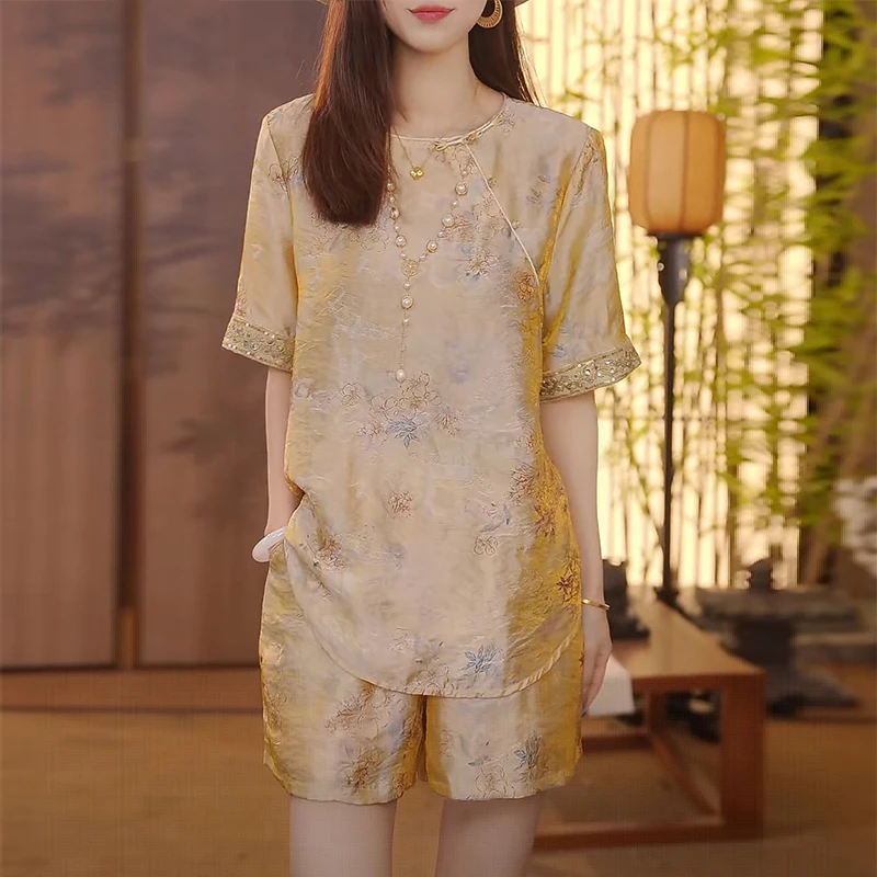国风时尚套装女款2025年夏季新品潮流轻奢高级感短袖短裤两件套Y