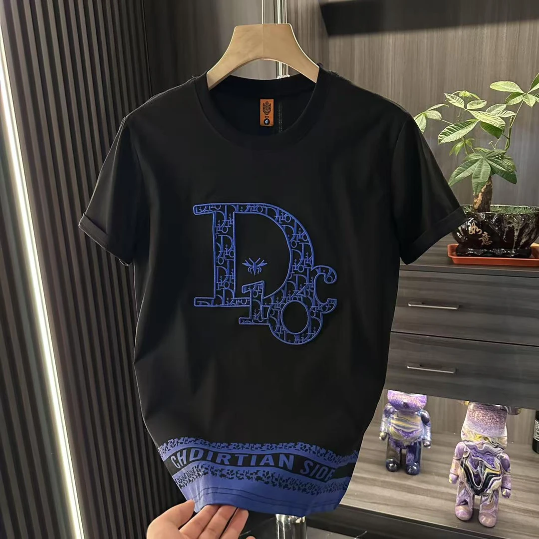 迪诺库克斯男士夏季短袖圆领青年字母贴布刺绣修身纯棉T恤打底衫