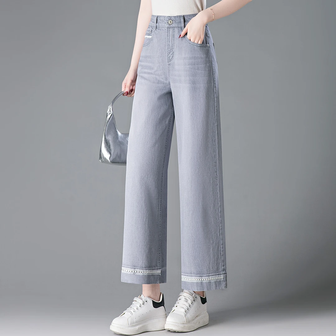 浅灰色薄款女士休闲牛仔裤2025夏季新款宽松九分高腰花边阔腿裤子