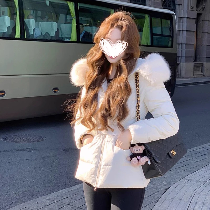 连帽收腰显瘦大毛领棉服冬季韩版加厚短款保暖时尚百搭洋气棉衣女