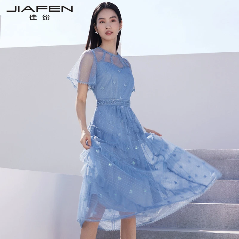 佳纷气质蕾丝中长裙2024夏季新款时尚精致网纱拼接连衣裙
