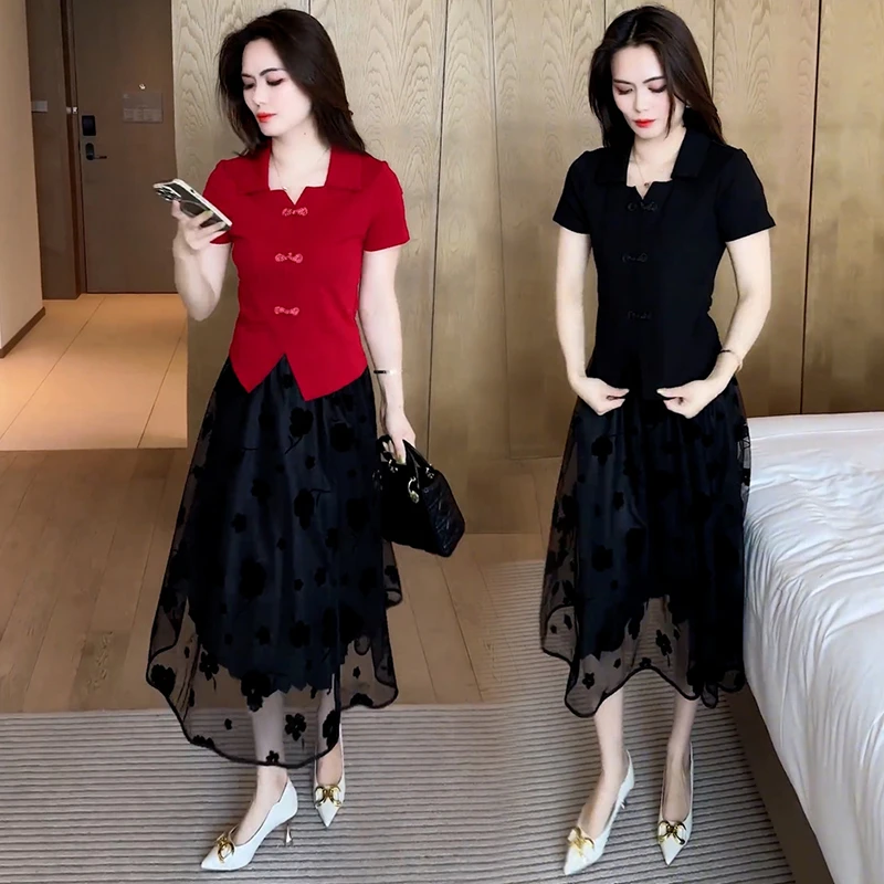 高含棉新中式翻领短袖t恤女2025夏季新款洋气国风盘扣小个子上衣