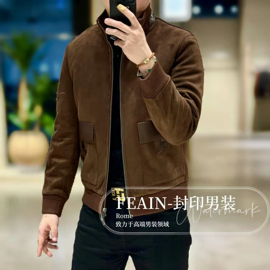 【鹅绒】高端定制男士真皮拼接鹅绒立领夹克羽绒服5577