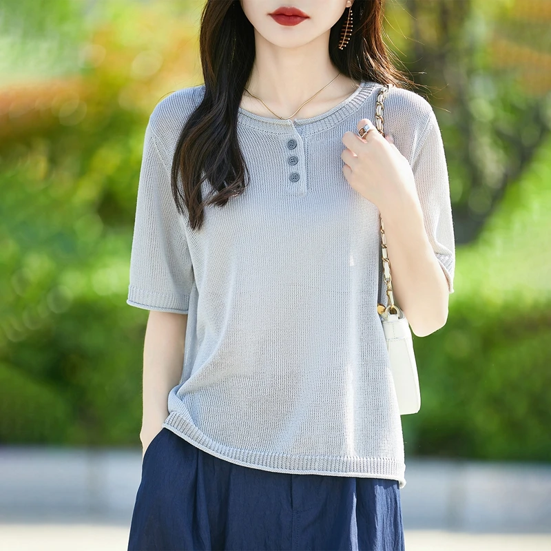 哥弟阿玛施正品桑蚕丝曲珠半开领修身针织短袖T恤女夏季薄款简约