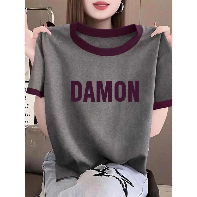 2025新款正肩撞色短袖t恤女设计感小众时尚百搭洋气圆领上衣夏季
