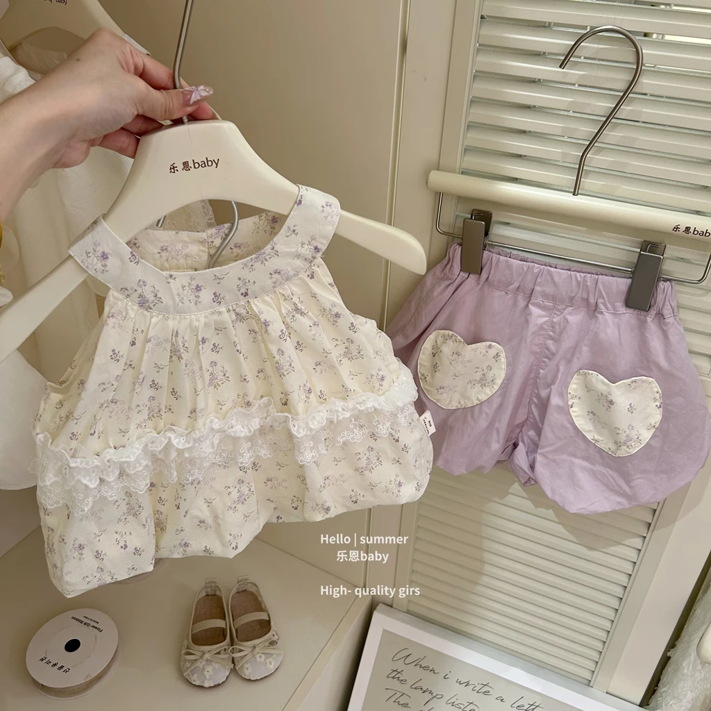 【乐恩baby】2025夏季女童洋气可爱吊带背心紫色爱心短裤碎花套装