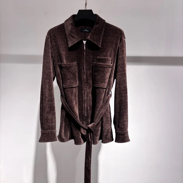 女士复古收腰中长款翻领秋冬衬衫