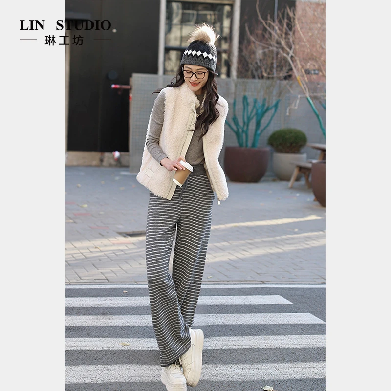 【山羊绒+绵羊毛】琳工坊“绒星”灰白针织裤休闲百搭宽松唐琳设计师