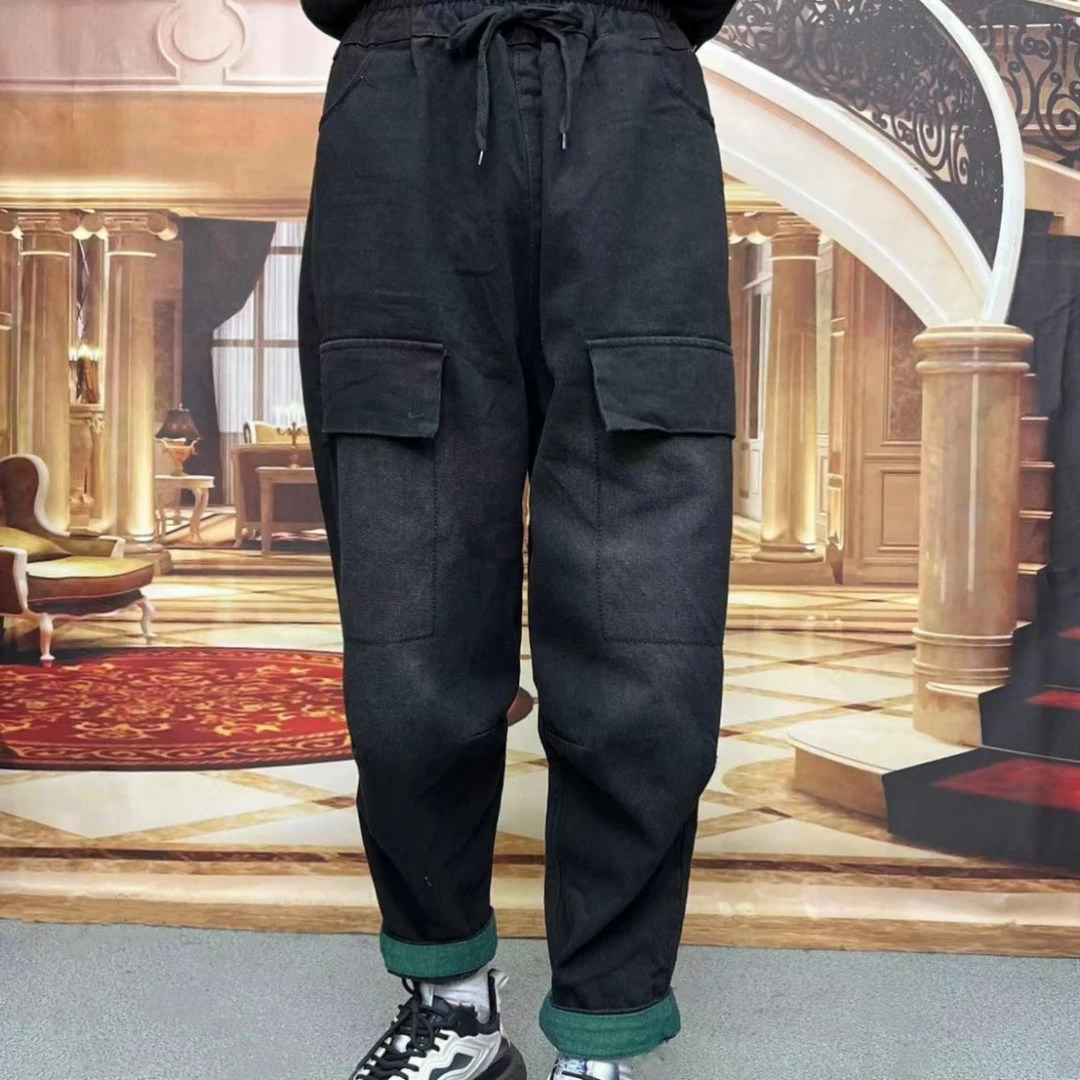 23大码宽松膝盖双假口袋系带式牛仔裤