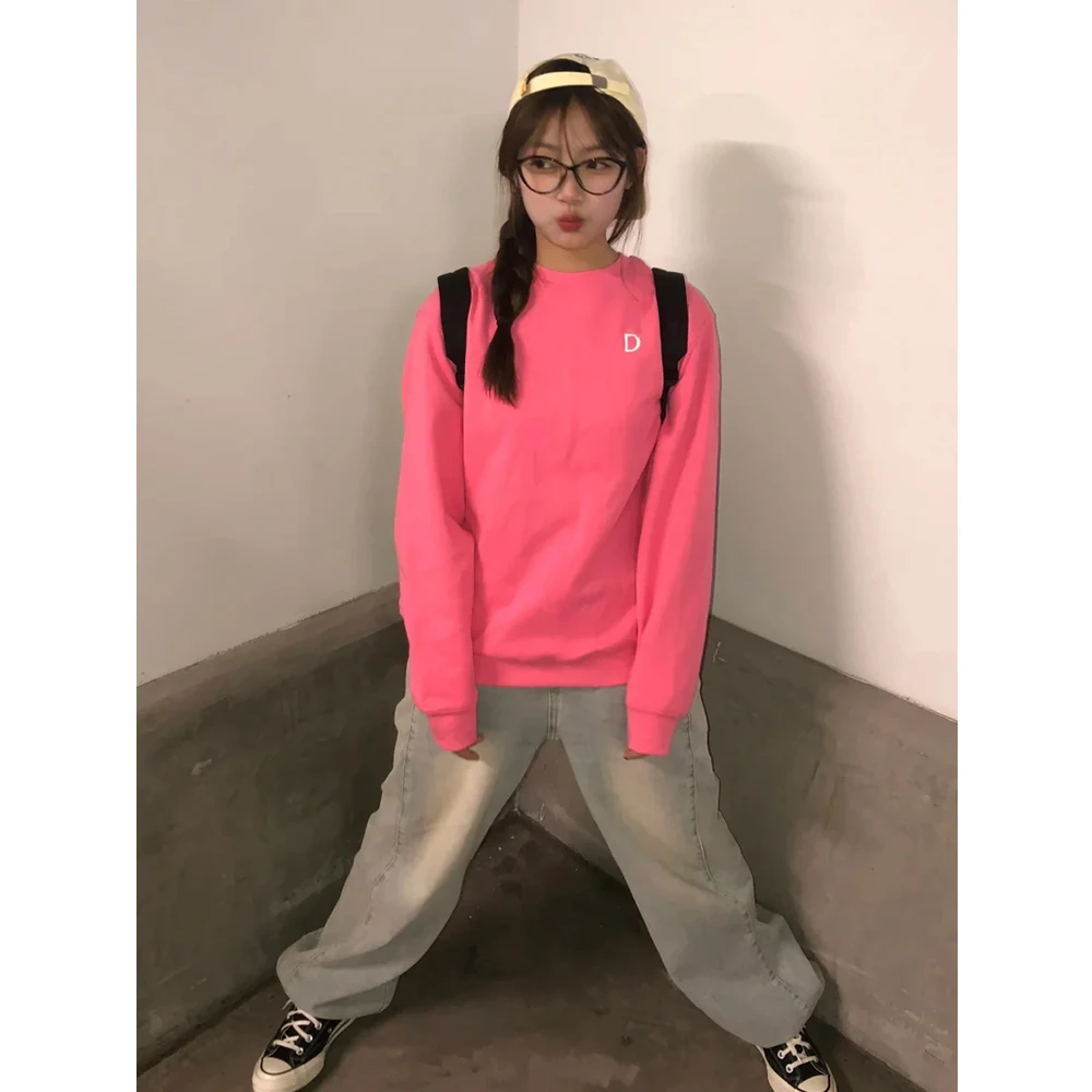 美式复古粉色卫衣女春秋季薄款简约基础款宽松圆领套头打底衫上衣