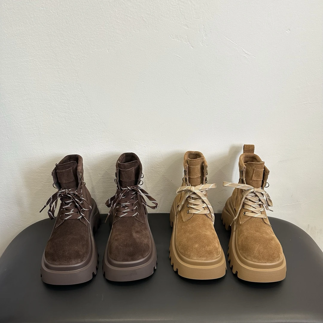 马丁靴公主风复古磨砂皮圆头系带女靴靴子秋冬