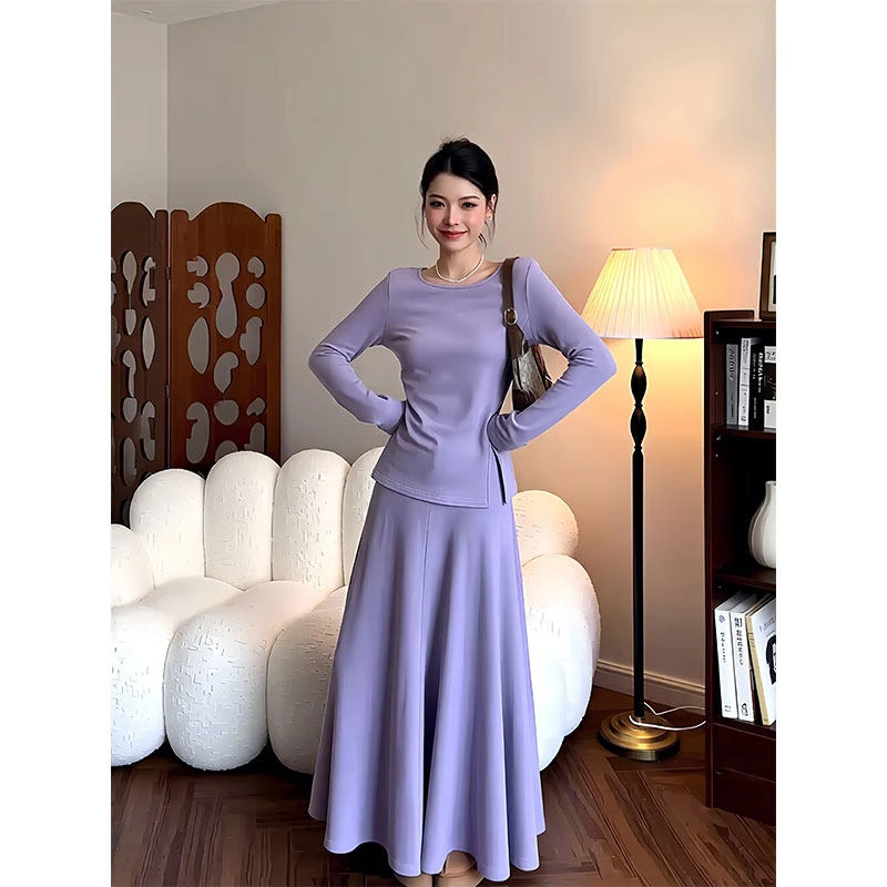 法式慵懒风气质圆领开叉针织衫女秋冬新款修身显瘦垂感长裙两件套