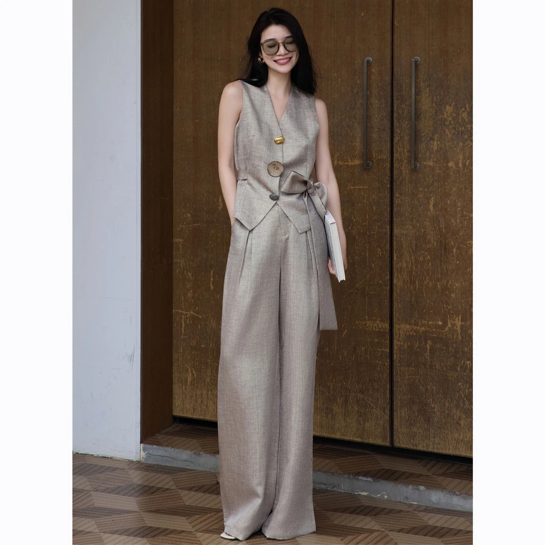 ZEROYK时尚休闲套装女2025夏季新款亚麻无袖马甲上衣阔腿裤两件套