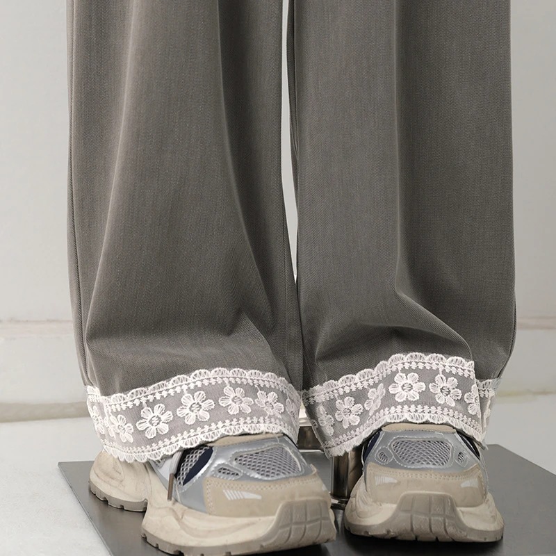 牛仔直筒裤女春夏2025新款高腰显瘦小个子蕾丝花边休闲阔腿裤