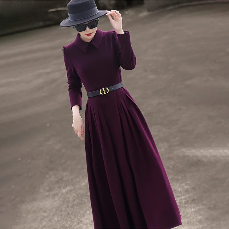 MEXCOCO/兰瑟儿秋冬新款气质高级感压褶收腰娃娃领连衣裙M4WL9295