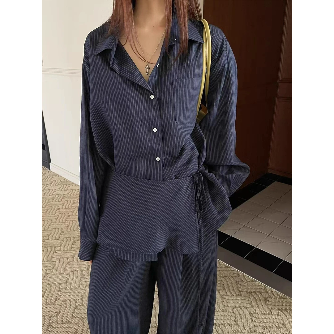 Miss sumey#1305自制时尚裙帘条纹衬衫气质套装设计感休闲三件套