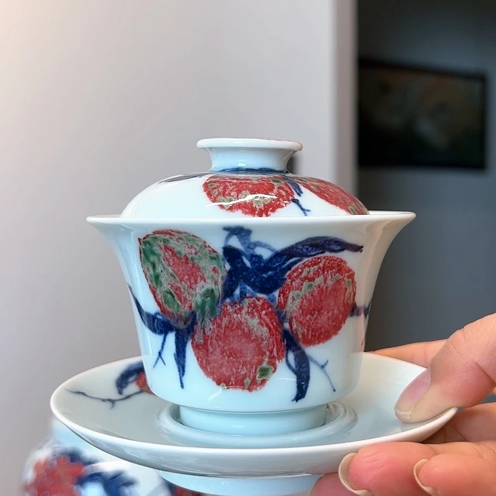 青花釉里红色差放漏三才盖碗