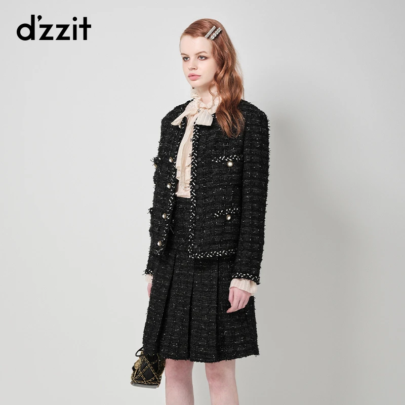 dzzit地素春季黑色粗花呢短棉服小香风毛边设计外套女3H4H206