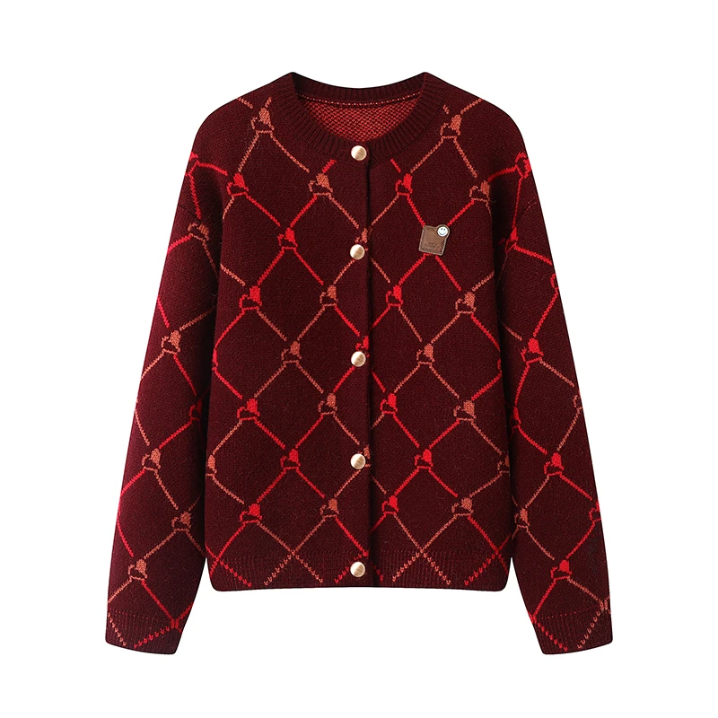 【红颜】虞书欣同款复古少女感菱格纹安可拉红针织开衫上衣女X083