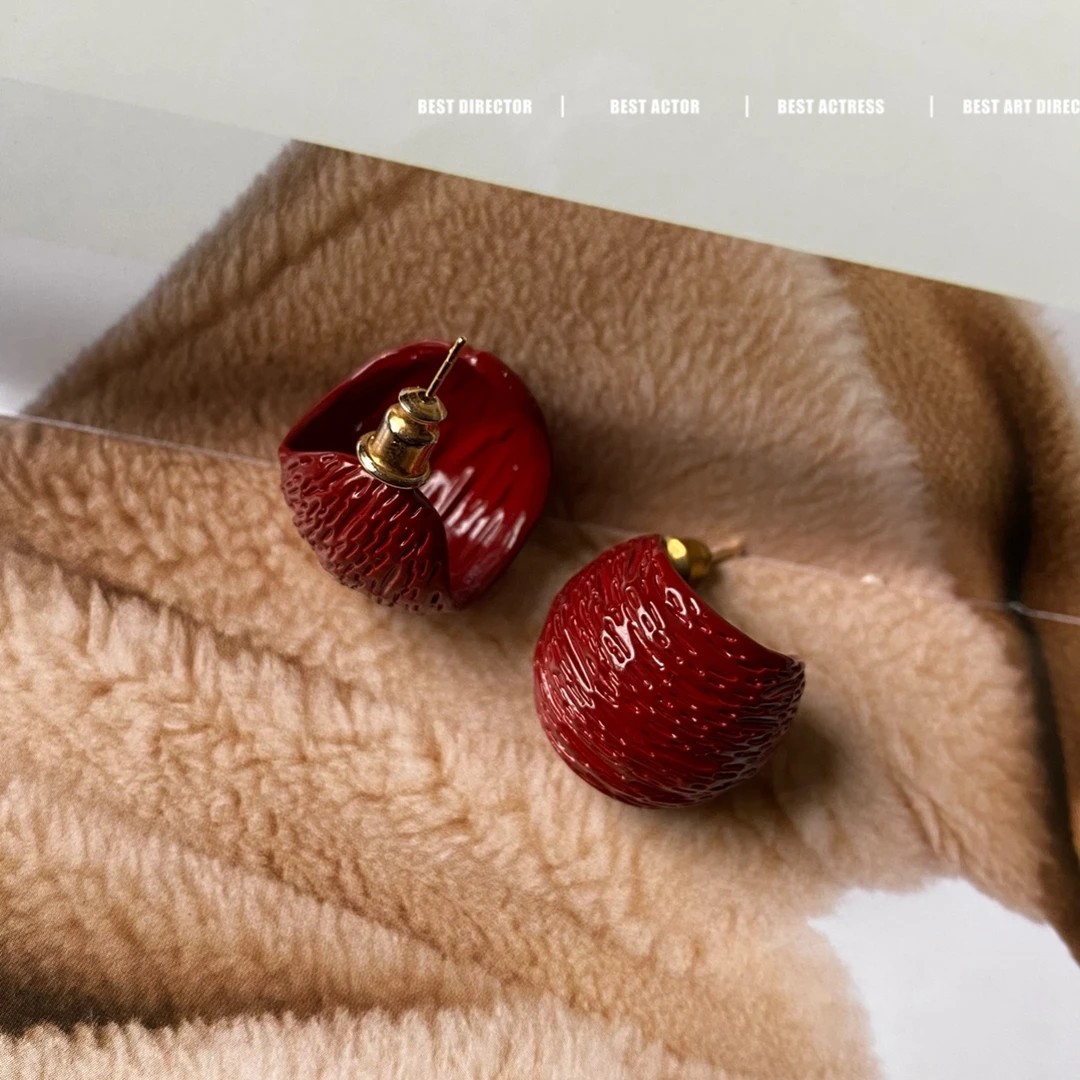 黄铜耳饰 TT家轻奢时尚法式百搭红色港风耳钉0055