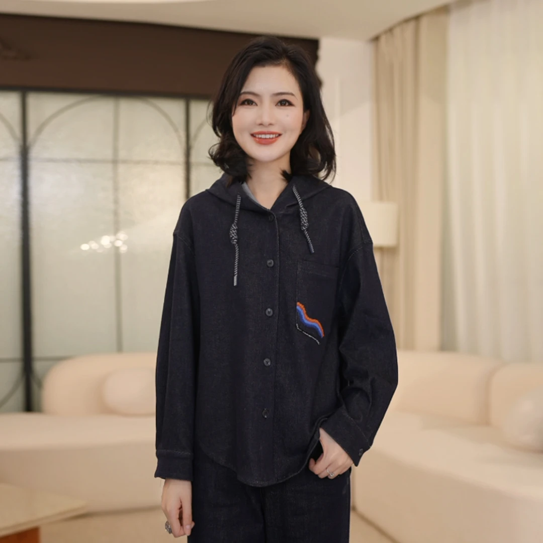 枫竺阿楠anan连帽抽绳单排扣牛仔衬衫外套出游服饰女秋季上衣